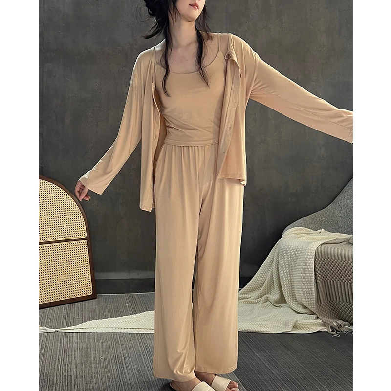 2024年新款带胸垫一体吊带睡衣女春秋夏季莫代尔长袖家居服三件套