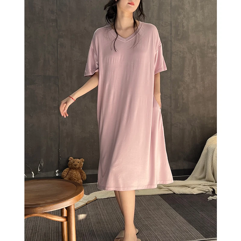 带胸垫一体式睡裙女士夏季莫代尔棉短袖薄款孕妇睡衣防凸点家居服