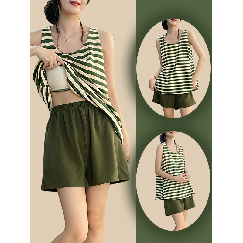 及好一体带胸垫睡衣女夏季宽松纯棉背心套装条纹可外穿家居服夏天