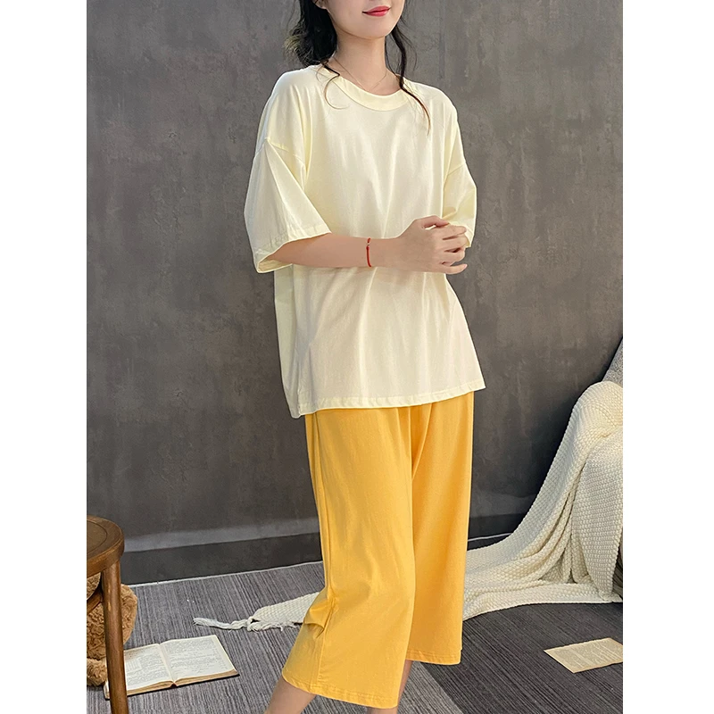 【凉感棉】睡衣女夏季莫代尔短袖七分裤薄款宽松可外穿家居服套装