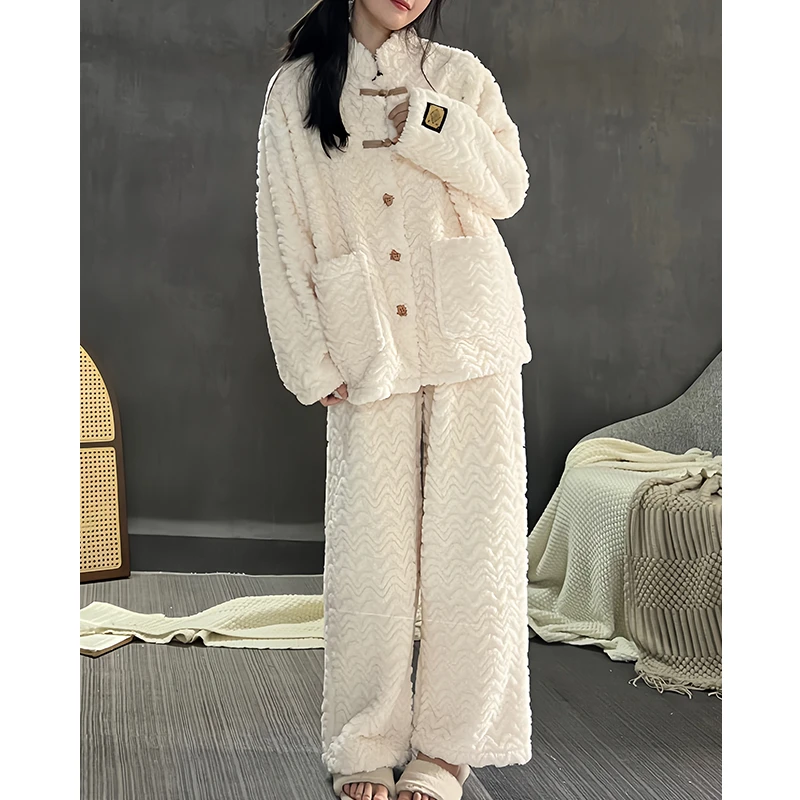 珊瑚绒睡衣女款秋冬季保暖国风新中式可外穿法兰绒加厚简约家居服