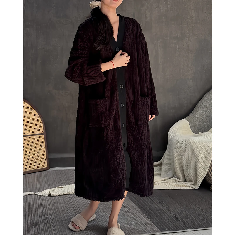 秋冬季睡袍女珊瑚绒加厚中长款浴袍保暖法兰绒黑色晨袍睡裙家居服