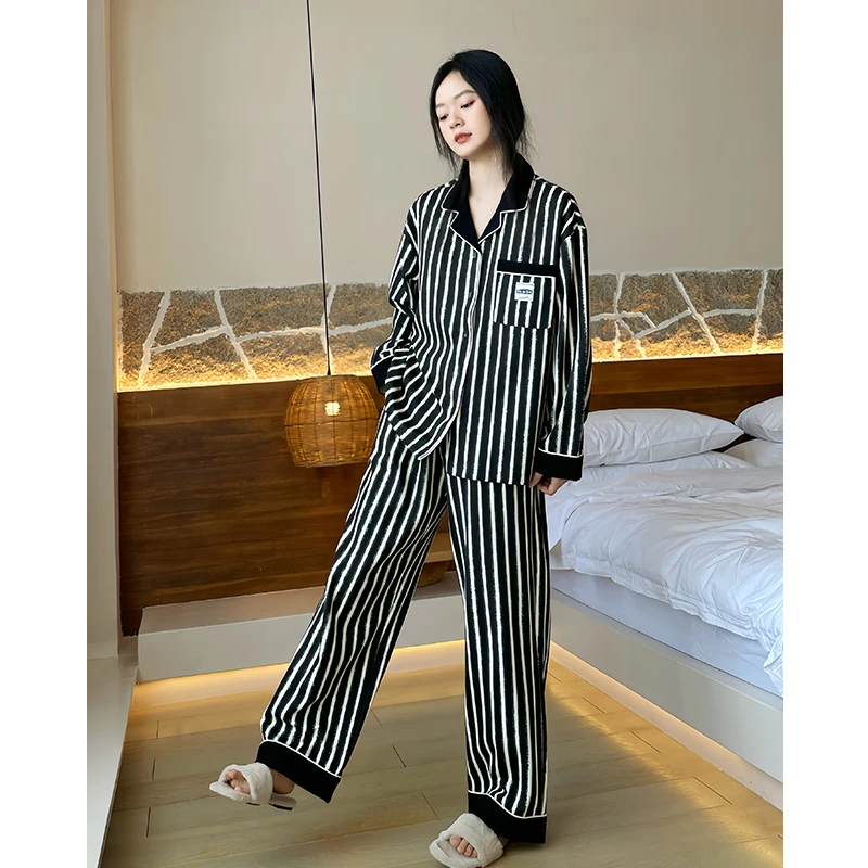 韩国睡衣女款春秋季纯棉条纹家居服一体带胸垫长袖休闲高级感套装