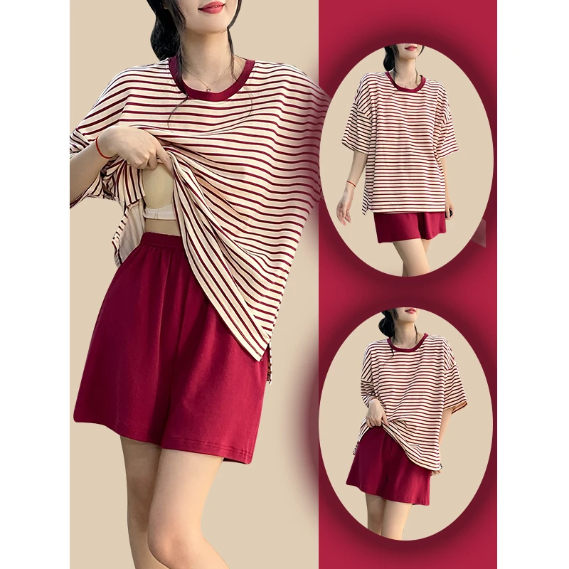 2025年新款带胸垫睡衣女夏季纯棉条纹短袖薄款可外穿防凸点家居服