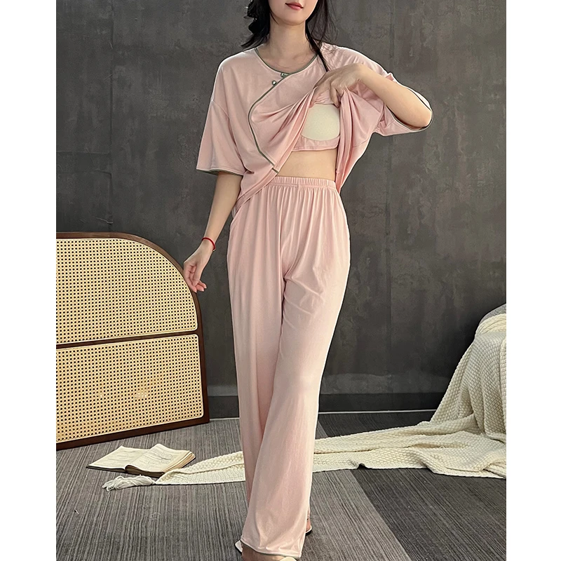 国风睡衣女一体带胸垫夏季薄款新中式短袖长裤可外穿防凸点家居服