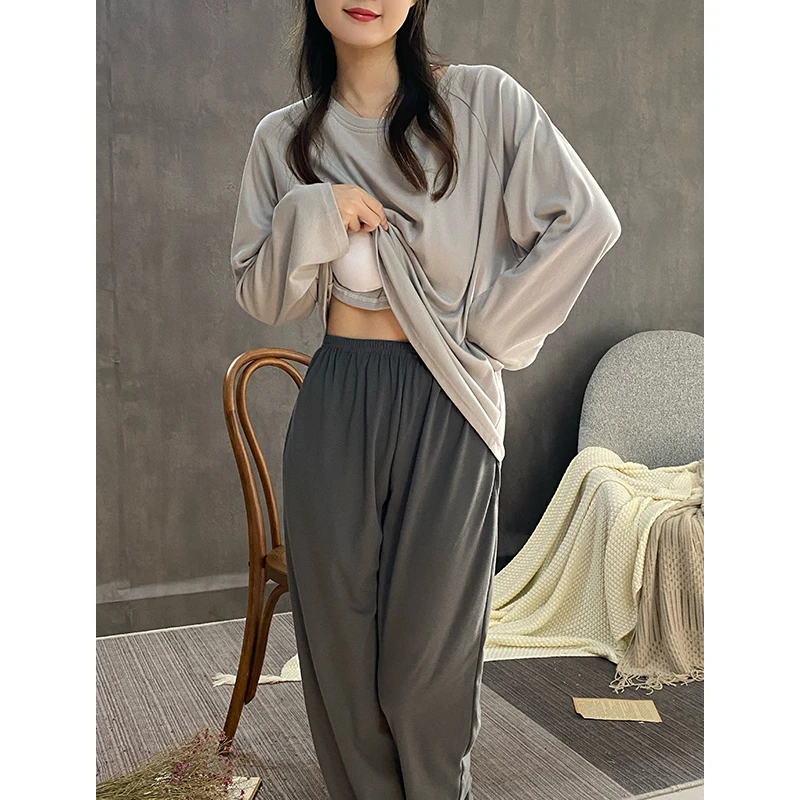 睡衣女春秋款纯棉长袖一体带胸垫家居服冬季防凸点可外穿纯色套装