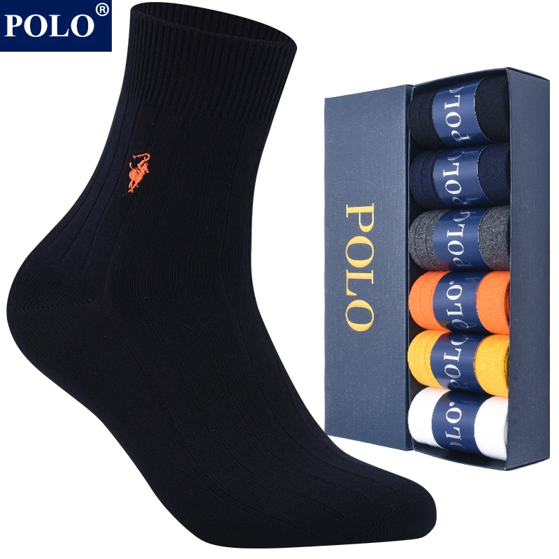 POLO男士时尚纯色棉袜秋冬中厚吸湿排汗无骨运动跑步舒适中筒袜子