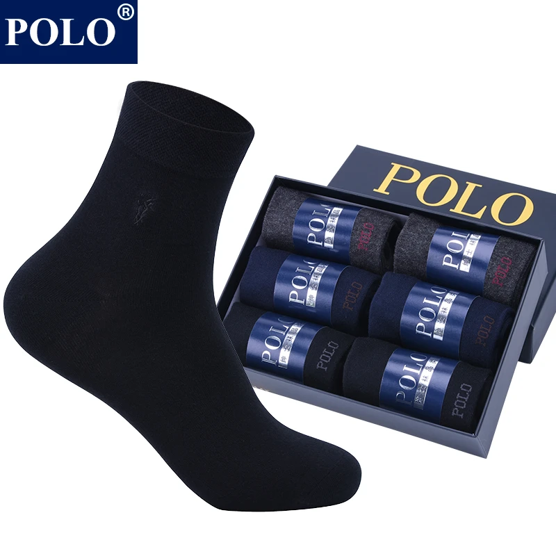 POLO商务上班男士纯色中筒袜子秋冬保暖吸湿排汗四季黑色精美礼盒