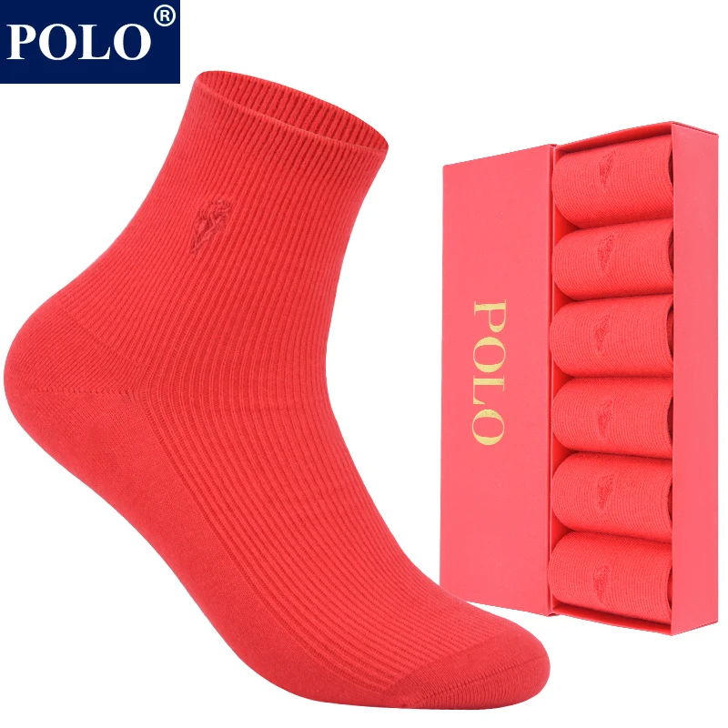 POLO袜子女纯色大红婚庆本命年中筒袜秋冬保暖吸湿排汗无骨礼盒装