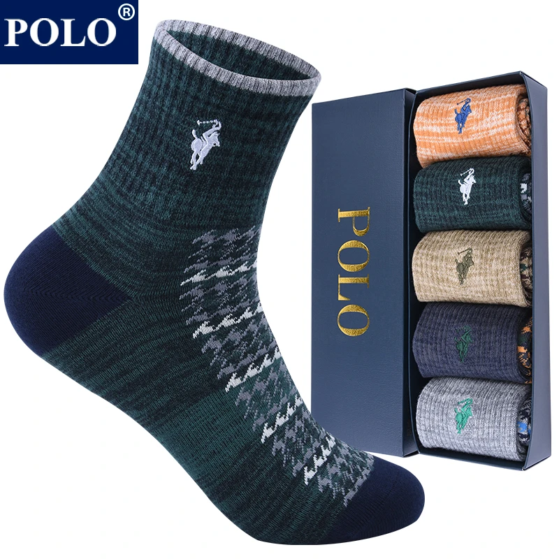 POLO袜子男加厚保暖秋冬中筒袜运动跑步休闲不掉跟条纹百搭吸汗
