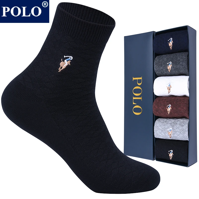 POLO袜子纯棉男四季纯色商务中筒袜秋冬无骨黑色休闲百搭棉袜男款