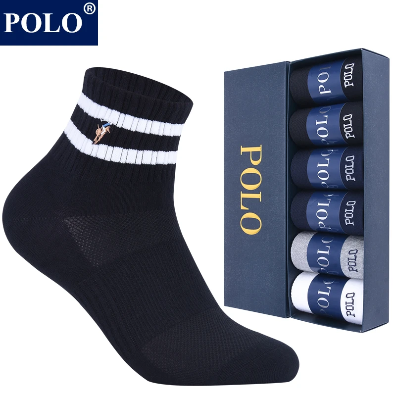 POLO袜子男简约条纹纯色中筒袜夏季薄款运动吸汗透气无骨休闲棉袜