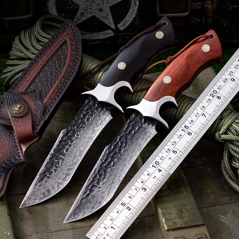 新疆包邮手工锻打大马士革钢材户外刀 高硬度加厚户外锋利直刀