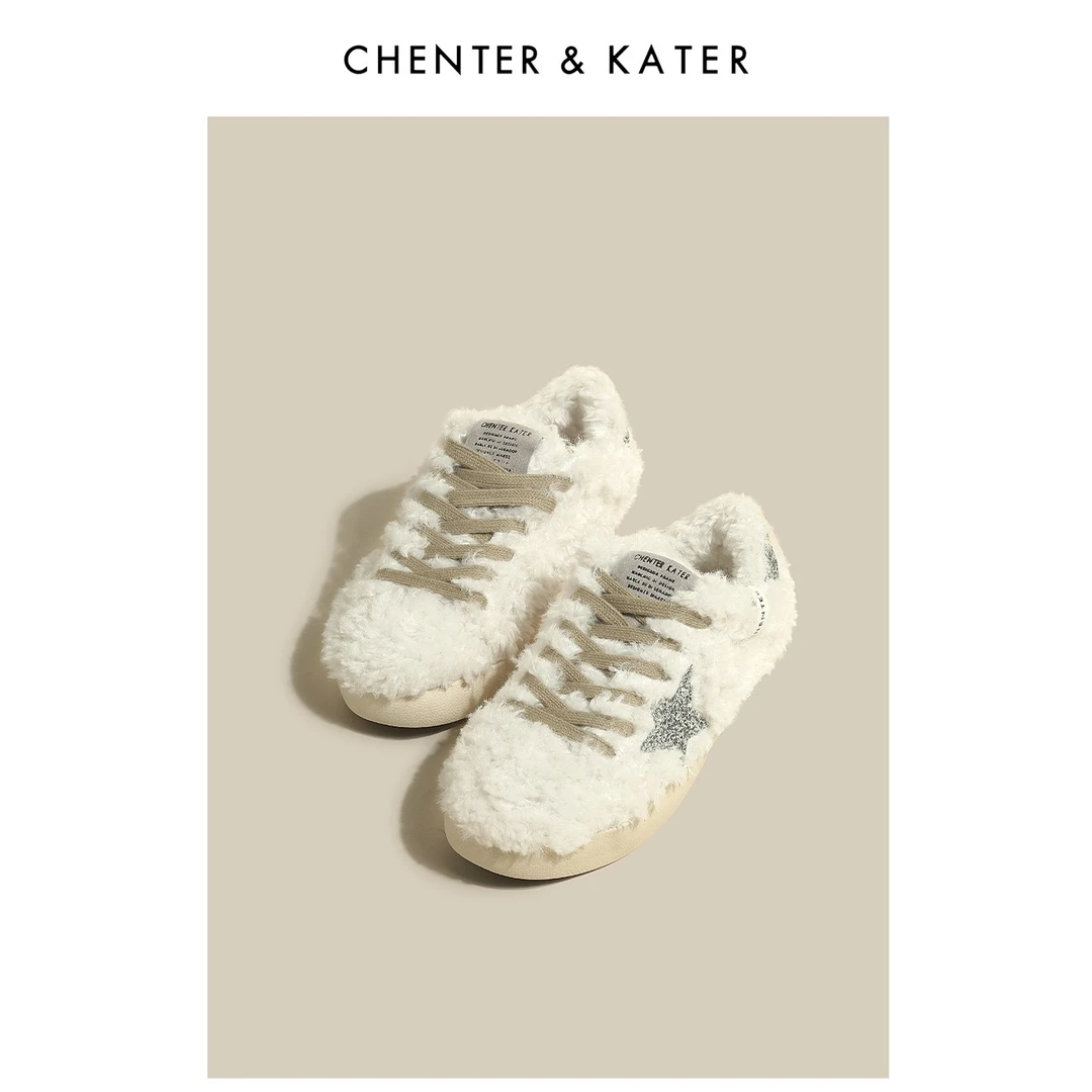 CHENTER&KATER加绒毛毛鞋女一脚蹬秋冬脏脏厚底保暖羊羔毛休闲鞋