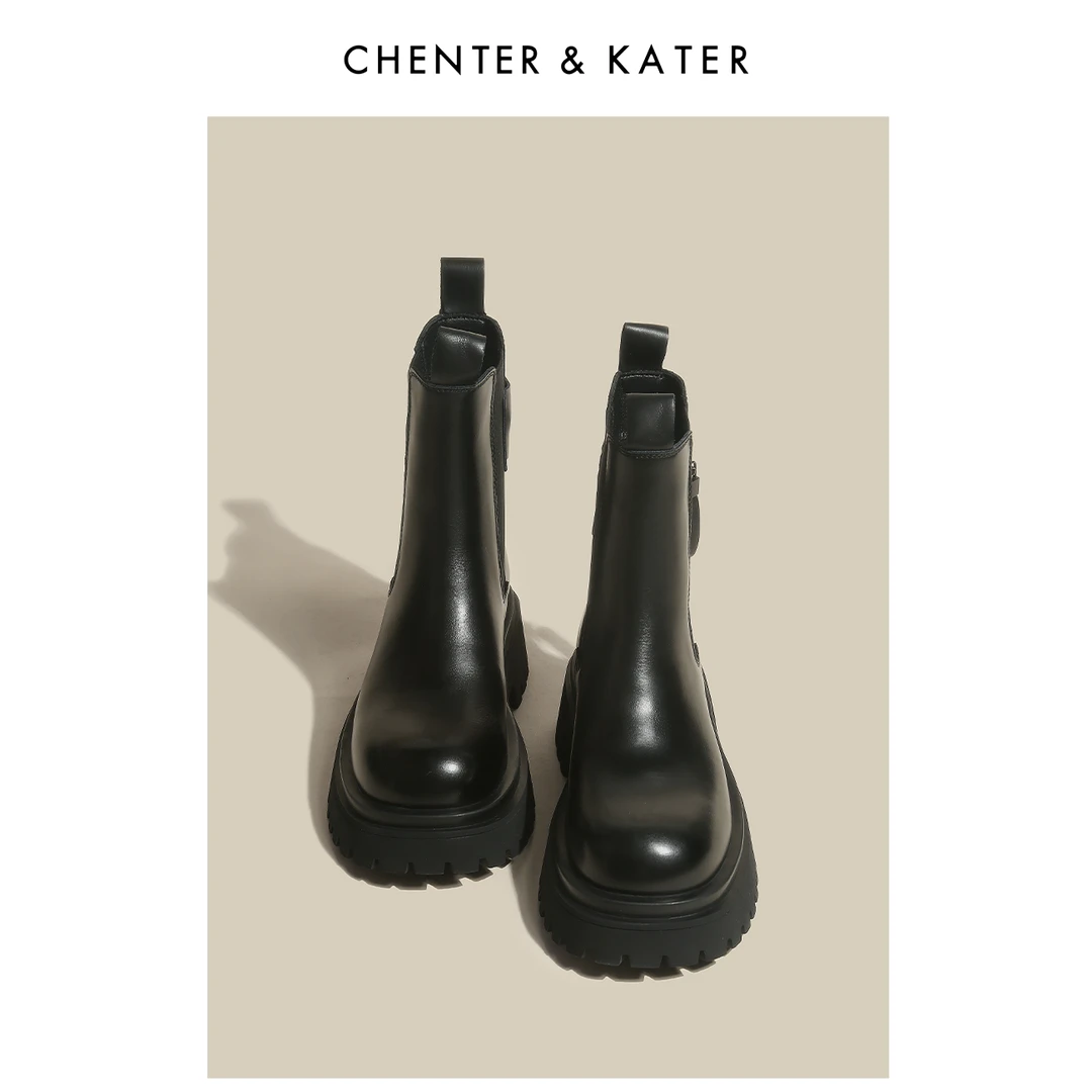 CHENTER&KATER瘦瘦靴 2024年春季新款复古英伦风圆头厚底切尔西靴