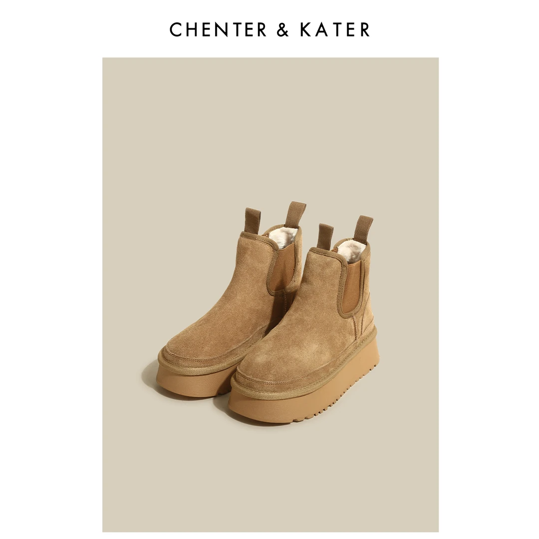 CHENTER&KATER雪地靴 2024冬新款加绒真皮圆头厚底切尔西靴女加厚