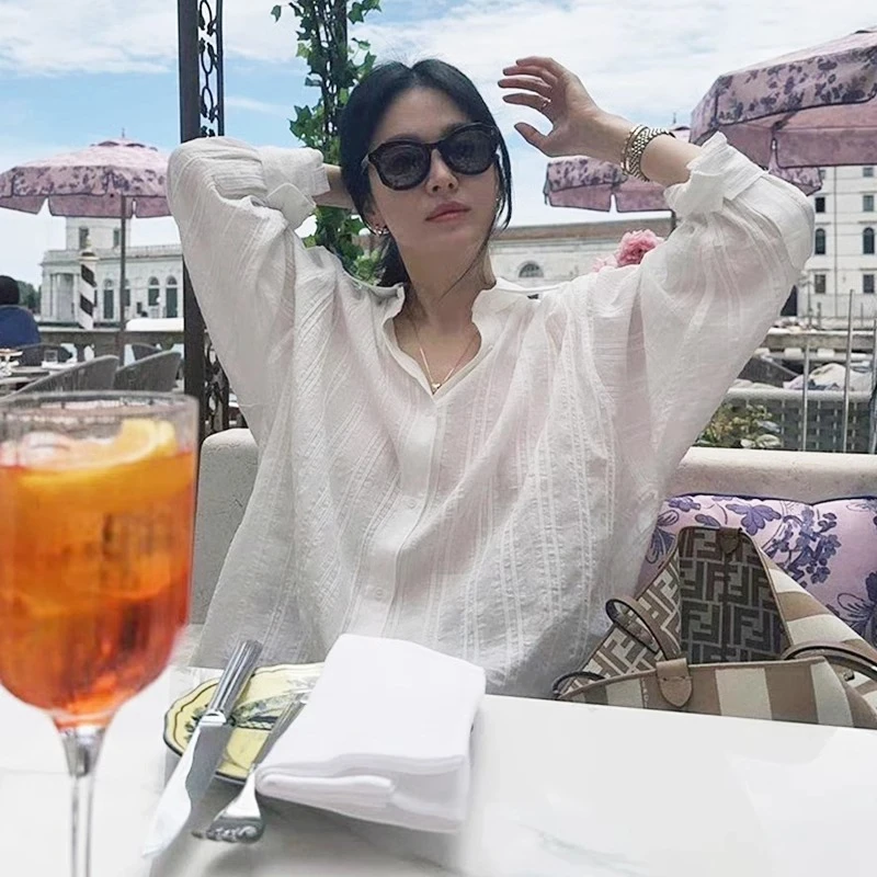 宋慧乔同款衣服夏季新款宽松薄款长袖衬衣防晒衫竖条纹白色衬衫女
