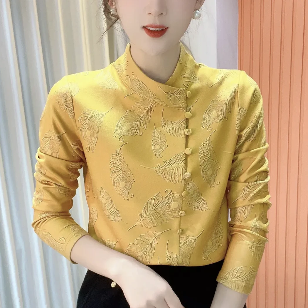 冬季新款品质女装立领印花新中式长袖显瘦百搭打底衫气质减龄上衣