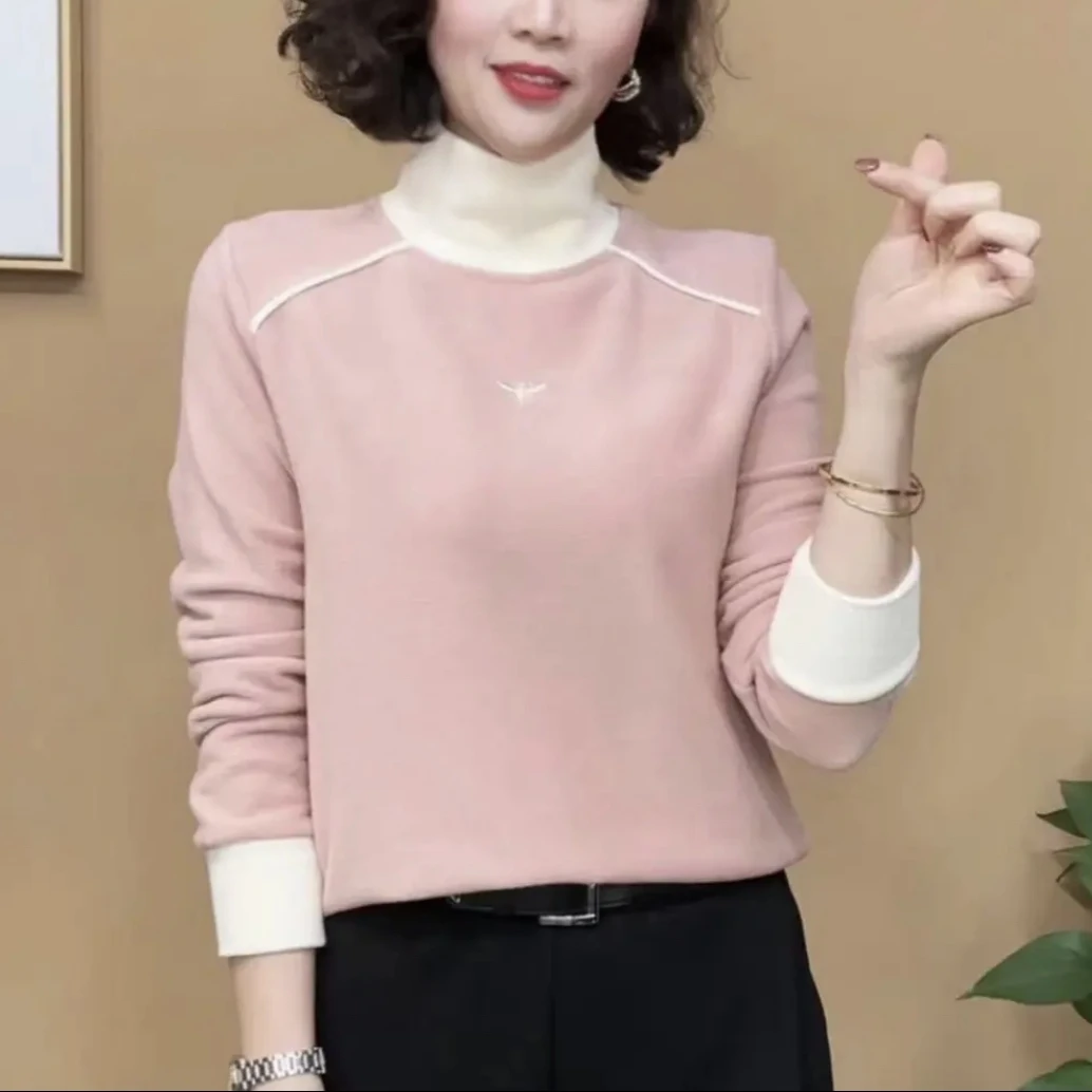 新款时尚洋气百搭拼接双面绒保暖长袖女打底衫上衣高领显瘦小衫