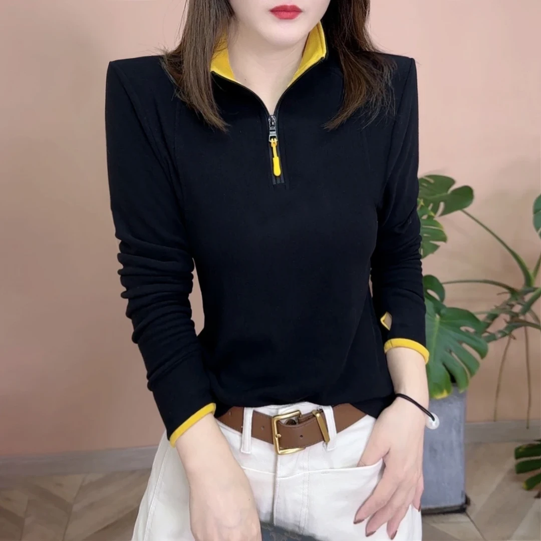 秋冬新款立领半拉链双面绒打底衫修身显瘦洋气百搭女保暖纯色上衣