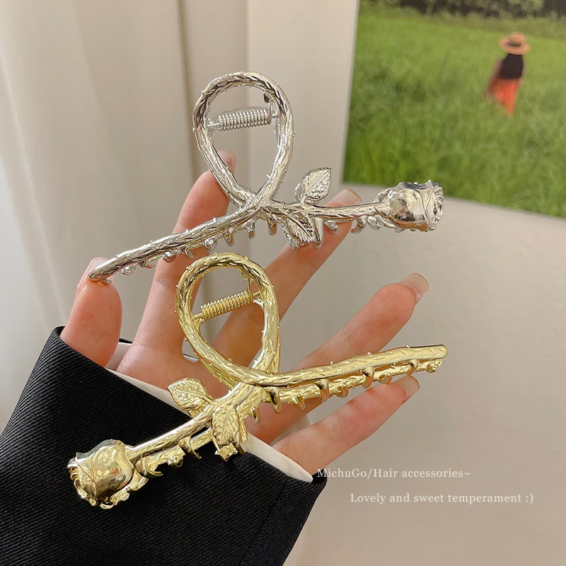 玫瑰花鲨鱼夹高级感银色抓夹大号金属发夹女后脑勺发卡夹子头饰品