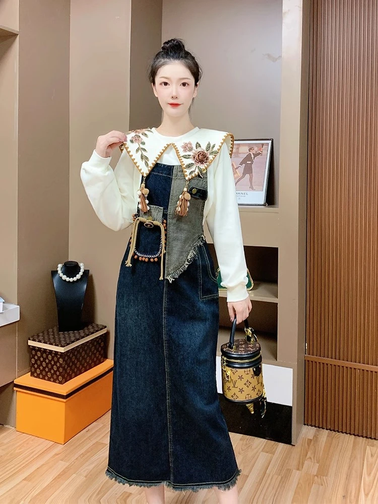 芙娜妮新款设计师海军翻领套装高级感卫衣牛仔背带裙套装F2331539