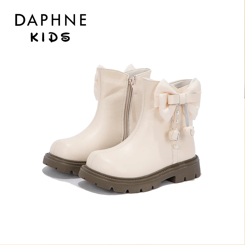 Daphne达芙妮女童靴子2024冬季新款加绒二棉公主儿童时尚真皮短靴