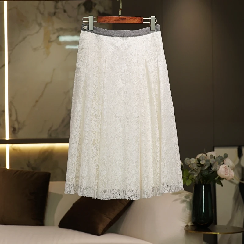 CHONGMI 白色蕾丝半裙2024春季新款半身裙长款气质百搭重工裙子女