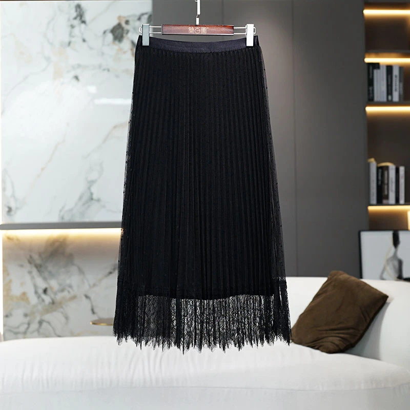 黑色压褶双面穿网纱女士半身裙2025春季新款时尚百搭显瘦休闲女裙