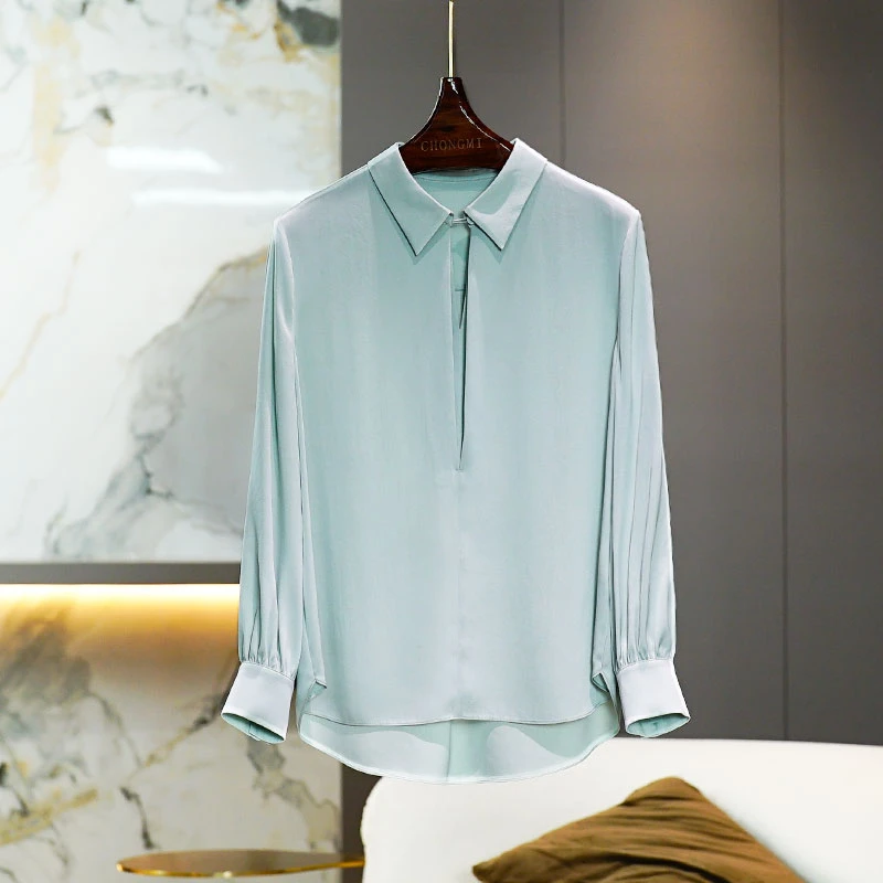 【弹力双乔】天青色桑蚕丝女2025年春季新款百搭显瘦套头上衣女装