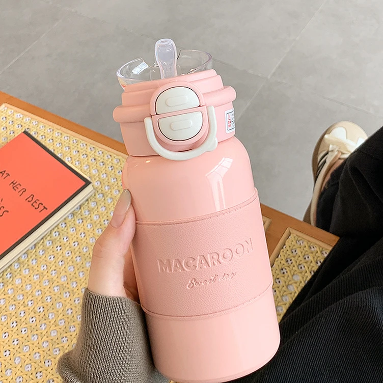 吸管小巧保温杯女水杯 高颜值简约双饮学生便携弹盖316不锈钢杯子