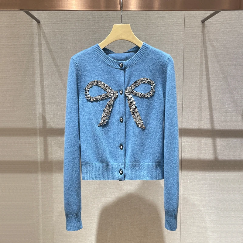 miu系针织衫上衣2024秋季新款重工钉珠亮片蝴蝶结毛衣女开衫外套