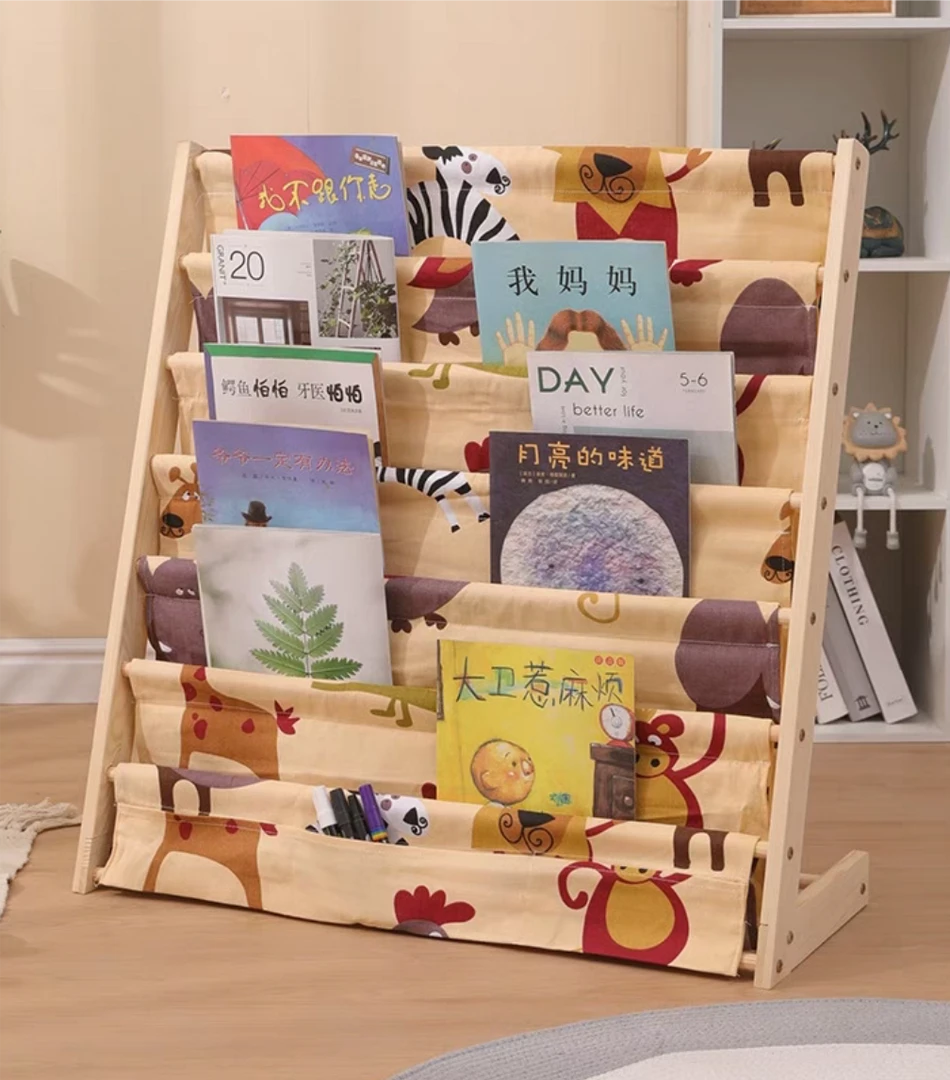 实木书架儿童落地书柜多层储物收纳书架可移动阅读书架绘本落地