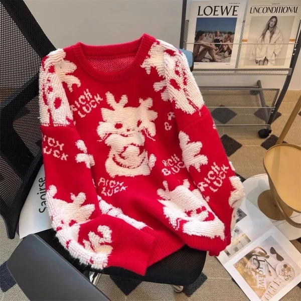 本命年新款大红毛衣情侣小众设计卡通针织衫女百搭慵懒风上衣秋冬