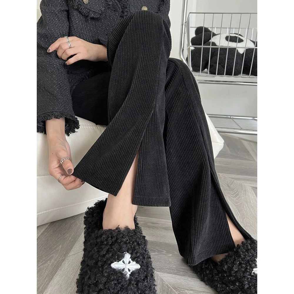 雪尼尔开叉阔腿裤女2025秋冬季高腰直筒拖地长裤垂感灯芯绒加绒裤