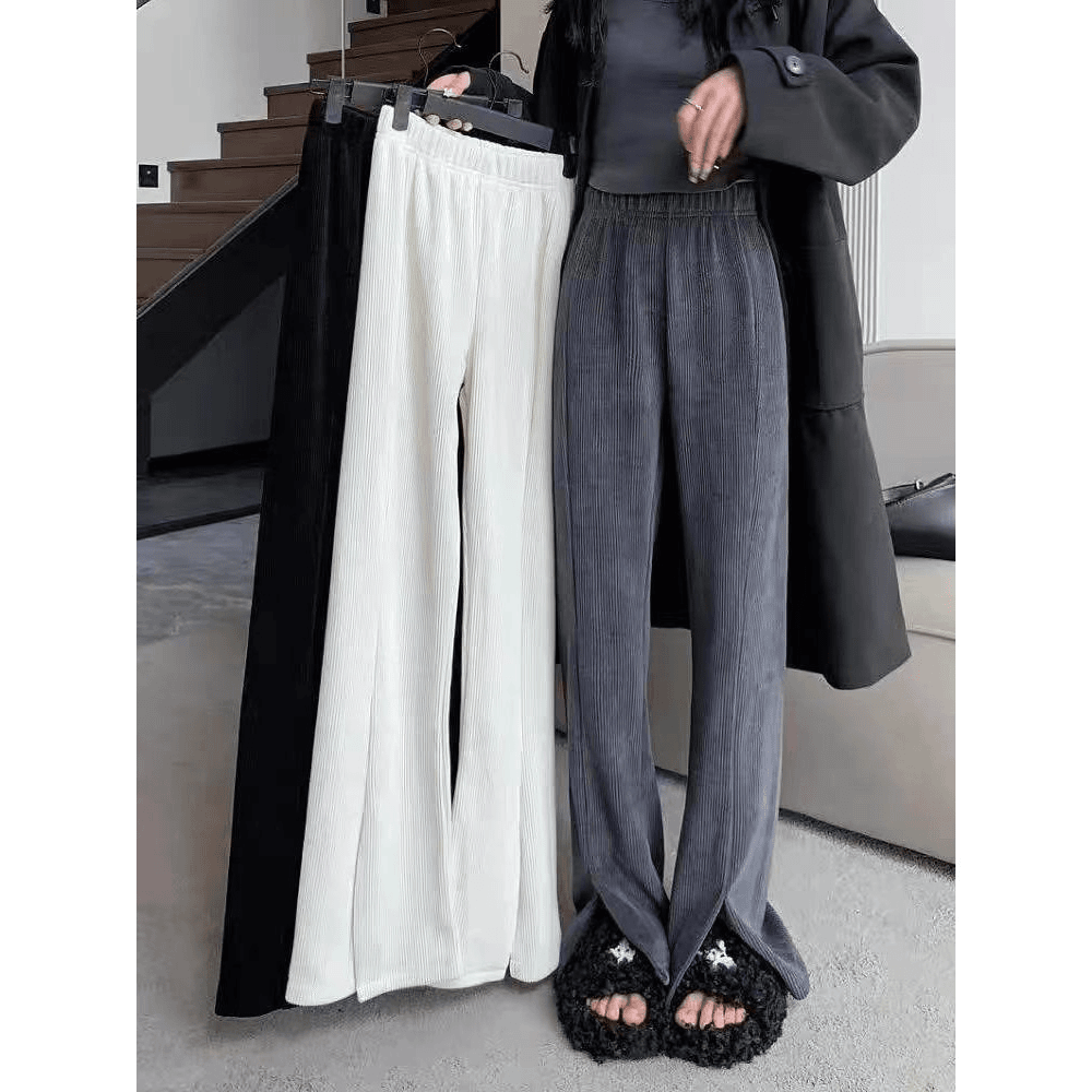 雪尼尔加绒阔腿女2023秋冬高腰垂感小个子开叉微喇叭灯芯绒拖地裤