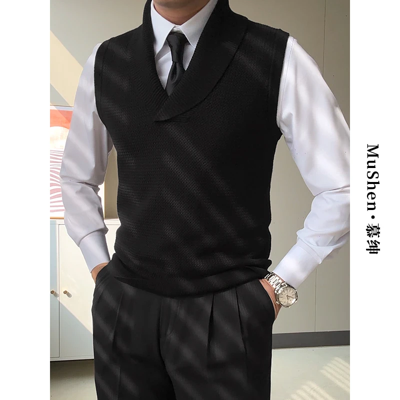 慕绅秋冬高级感时尚通勤青果领针织马甲休闲无袖修身男士毛衣背心