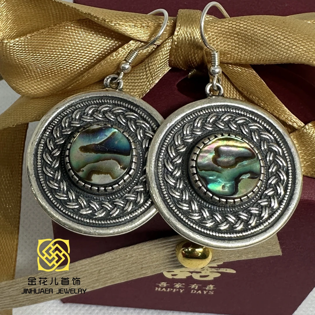 足银耳饰 足银蒙古元素耳饰复古民族风个性古风镶嵌做旧仿古