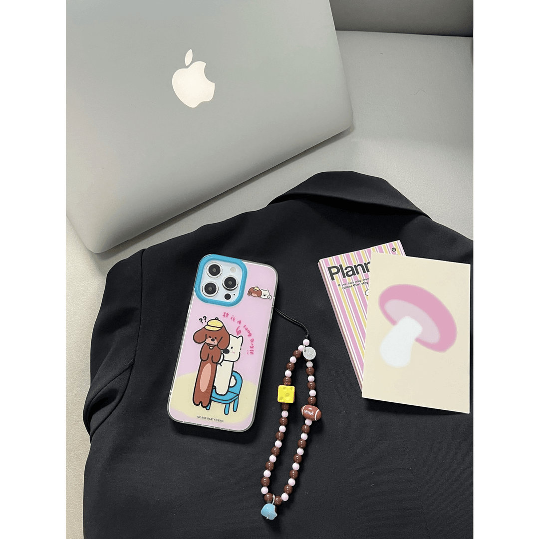 搞怪撞色小狗西高地可爱双层链条苹果手机壳iPhone15/14Pro/13硬