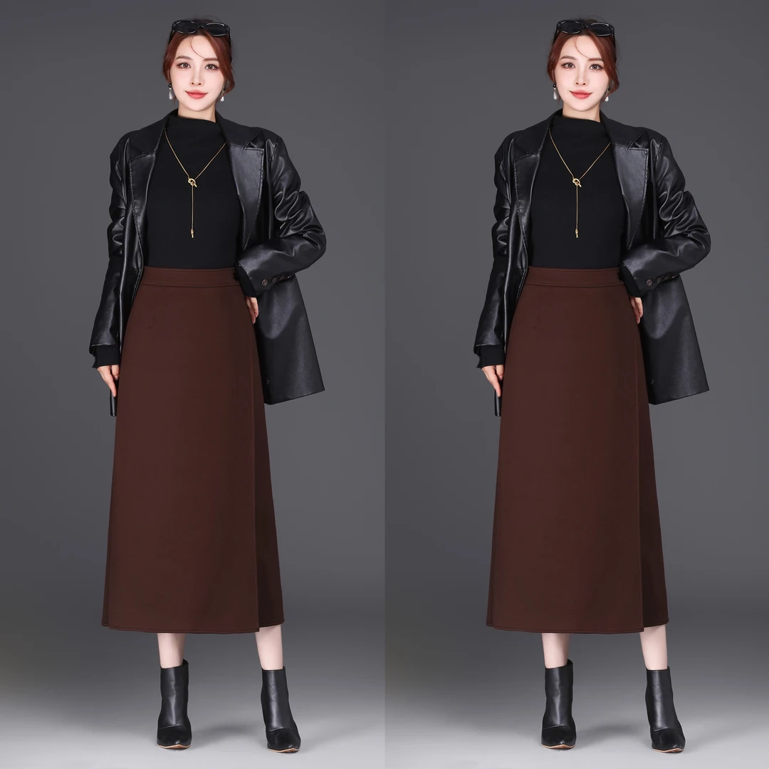 【裙长82】可调大小/毛呢半身裙女高腰显瘦中长款秋冬A字裙开叉黑色