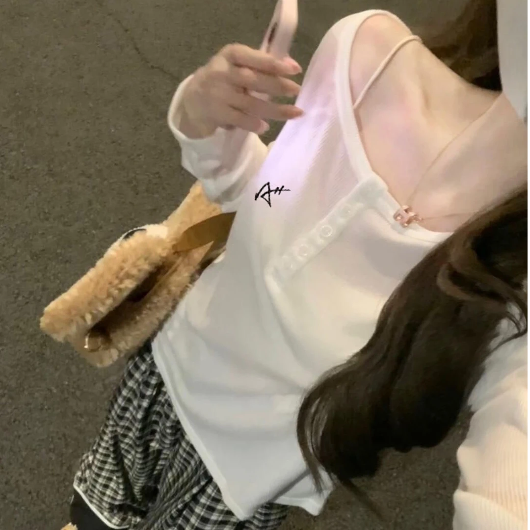 白色大领口长袖t恤女2024早秋季新款宽松刺绣百搭打底衫内搭上衣