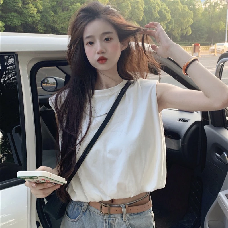 白色小众正肩T恤背心上衣女夏季新款设计感宽松无袖短款上衣外穿