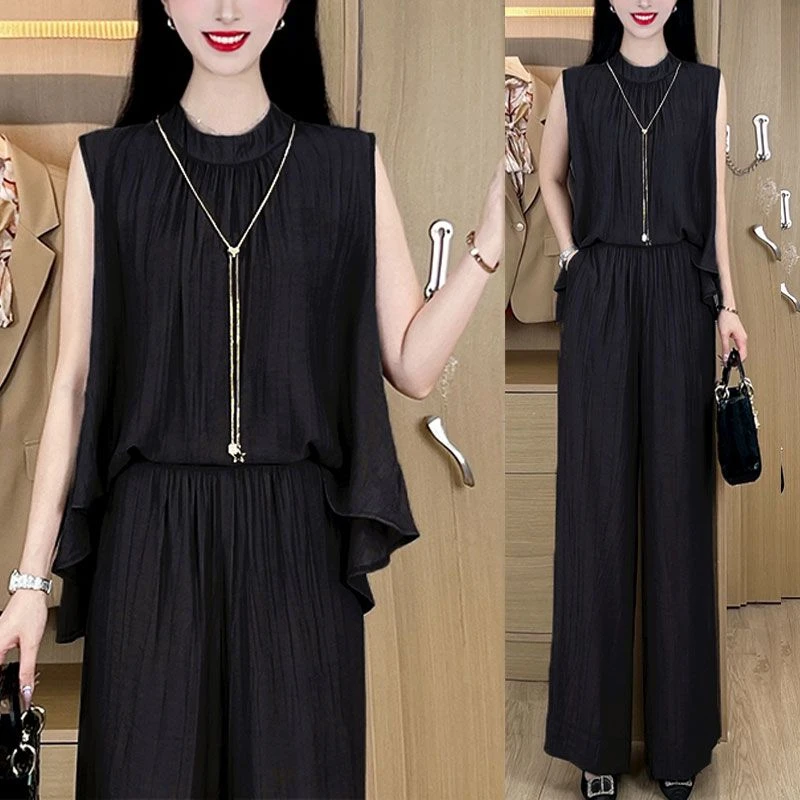 时尚设计感无袖上衣2025夏季新款宽松显瘦阔腿裤子休闲两件套装女