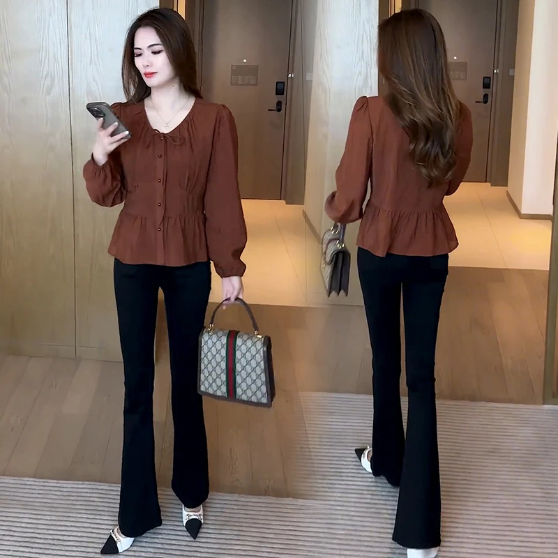 时尚洋气减龄衬衫套装女2025早秋新款设计感高腰显瘦微喇裤两件套