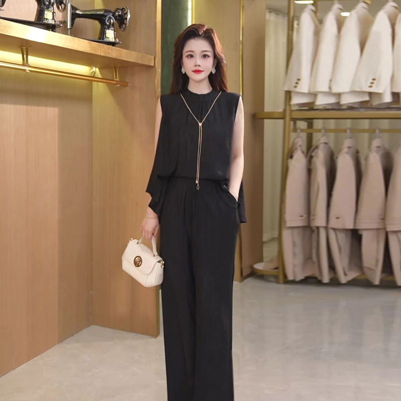 气质高级感圆领无袖上衣套装女2025夏季新款宽松遮肉休闲裤两件套