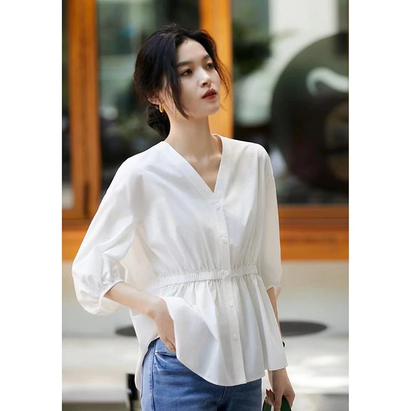 2025夏季新款女休闲百搭显瘦遮肚子洋气设计感宽松大码七分袖衬衫