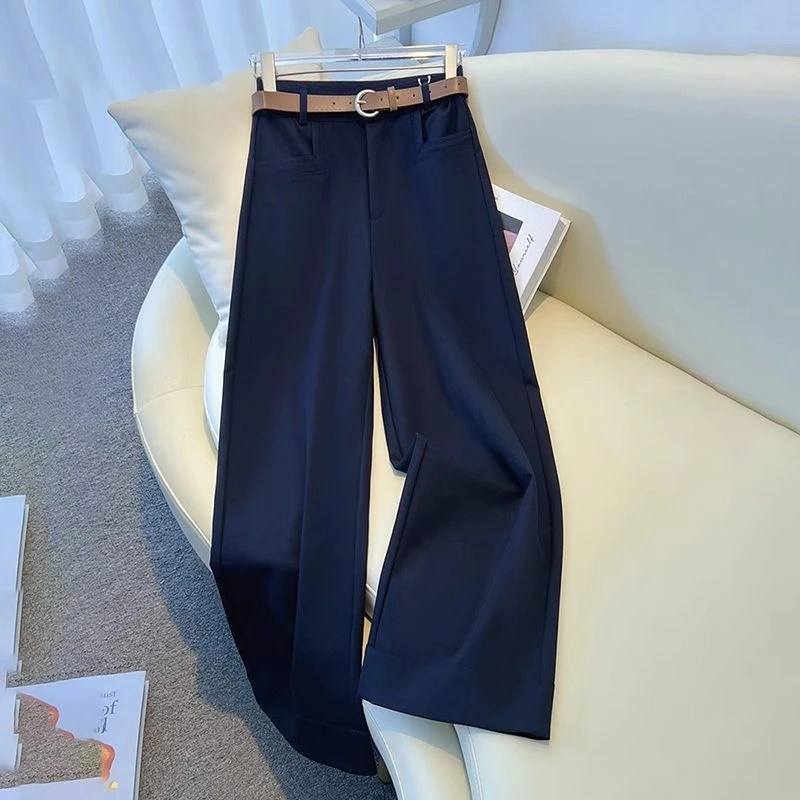 藏蓝色西装阔腿裤女2025春季新款小个子高腰显瘦宽松百搭直筒长裤