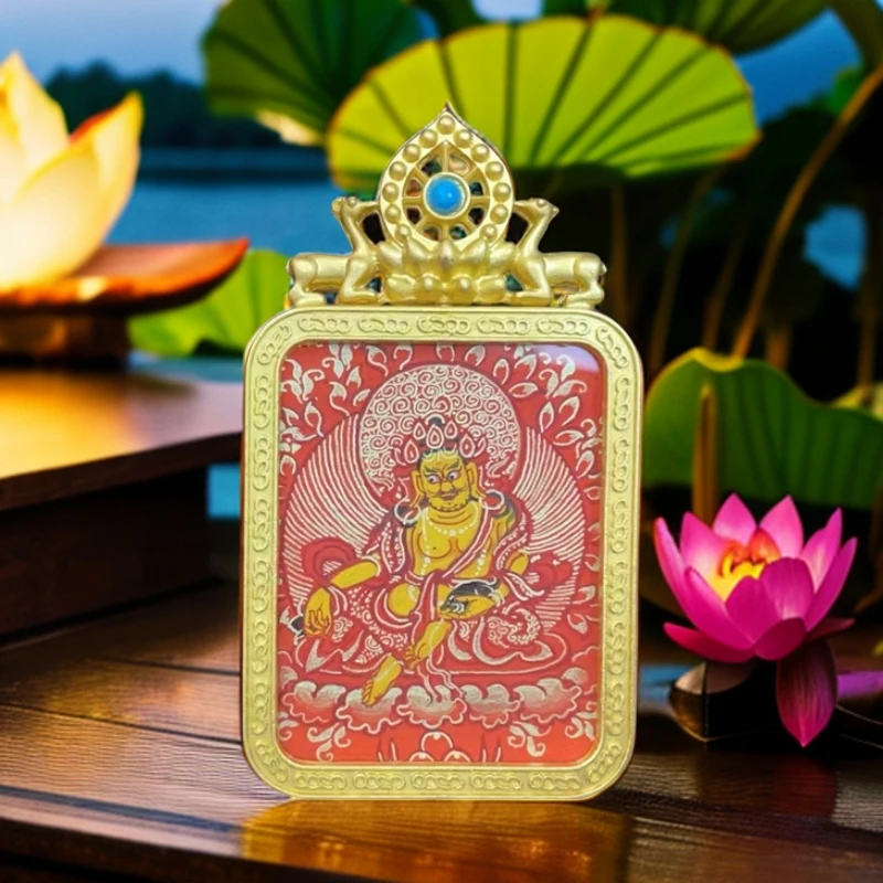 纯手绘唐卡-热贡精工-黄财神-红唐纯手绘矿料唐卡