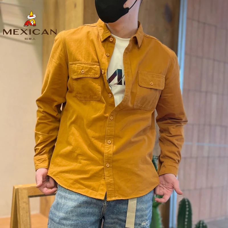 Mexican/稻草人男士休闲长袖衬衫百搭经典宽松复古春秋季翻领衬衣