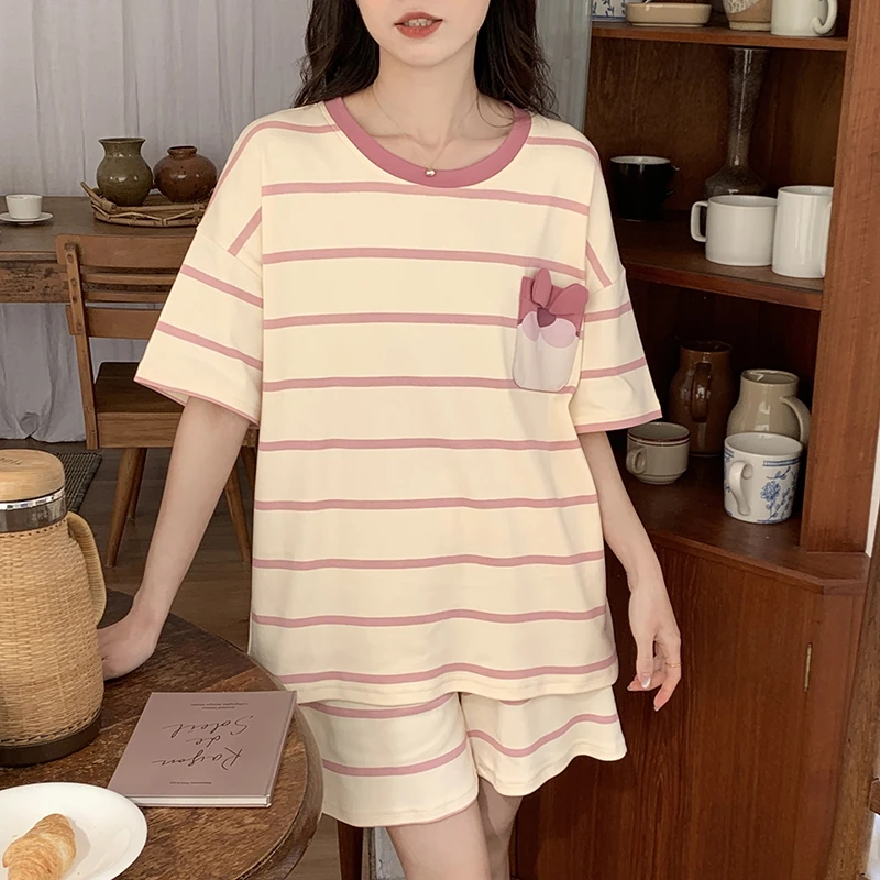 睡衣女夏季大码宽松百搭显瘦短袖短裤两件套家居服套装HMF